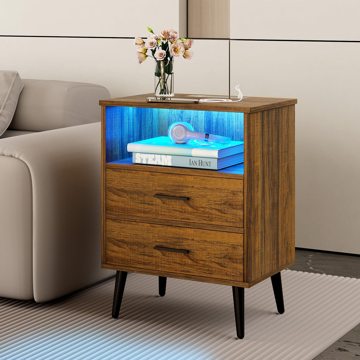 Mid Century LED Nightstand, 3 Colors Dimmable Light, Bedroom Wood Night Stand with Charging Station