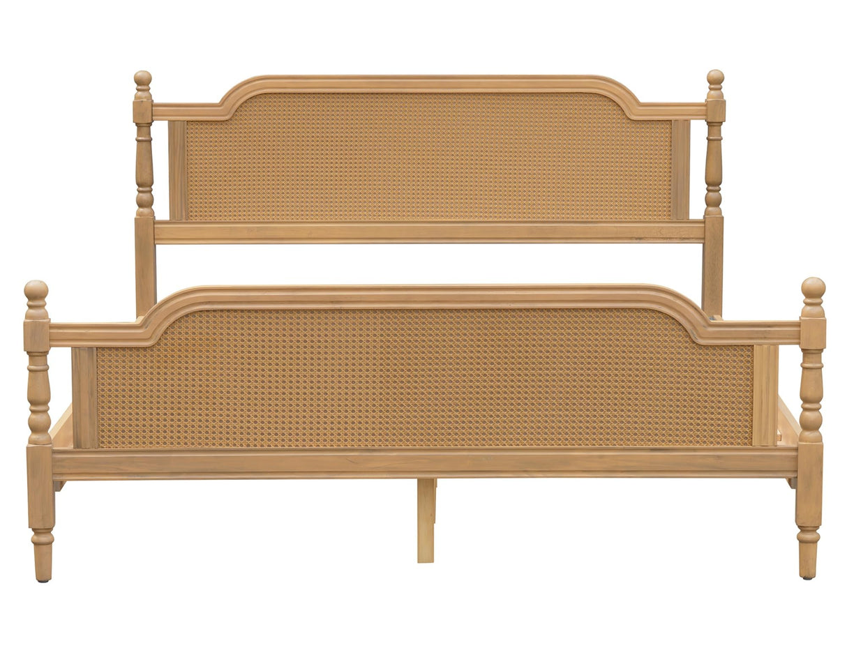 King Bed Frame with Rattan Headboard - Solid Pine Wood Platform