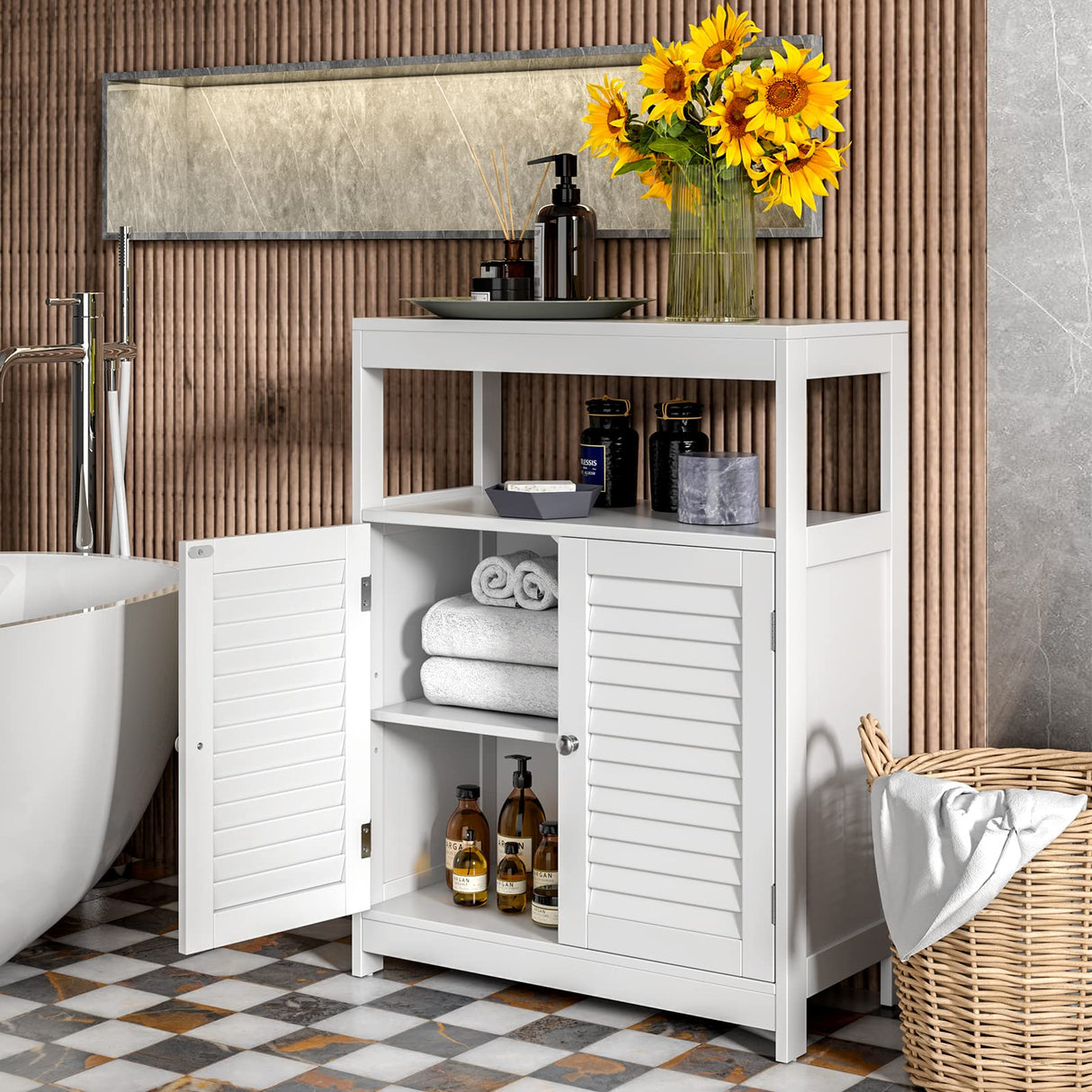 Bathroom Storage Cabinet, Freestanding Floor Cabinet w/Double Shutter Doors