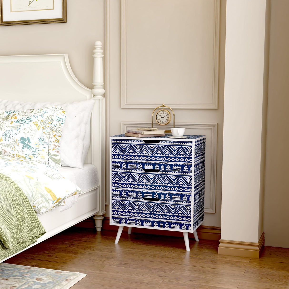 Boho Nightstand Set of 2,Blue Night Stand with 3 Drawer,Bohemian Nightstand Bedside