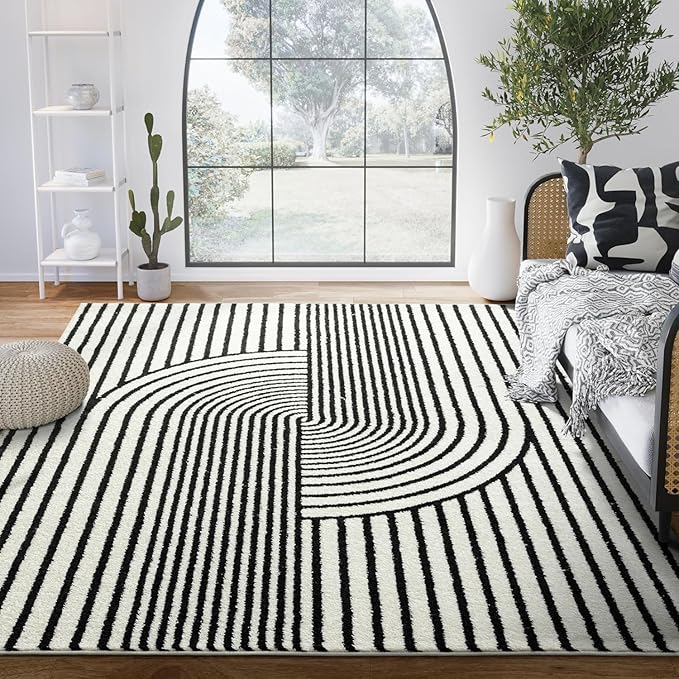 Nuevo Collection Area Rug - Mid-Century Black & Ivory Arch Knot Design