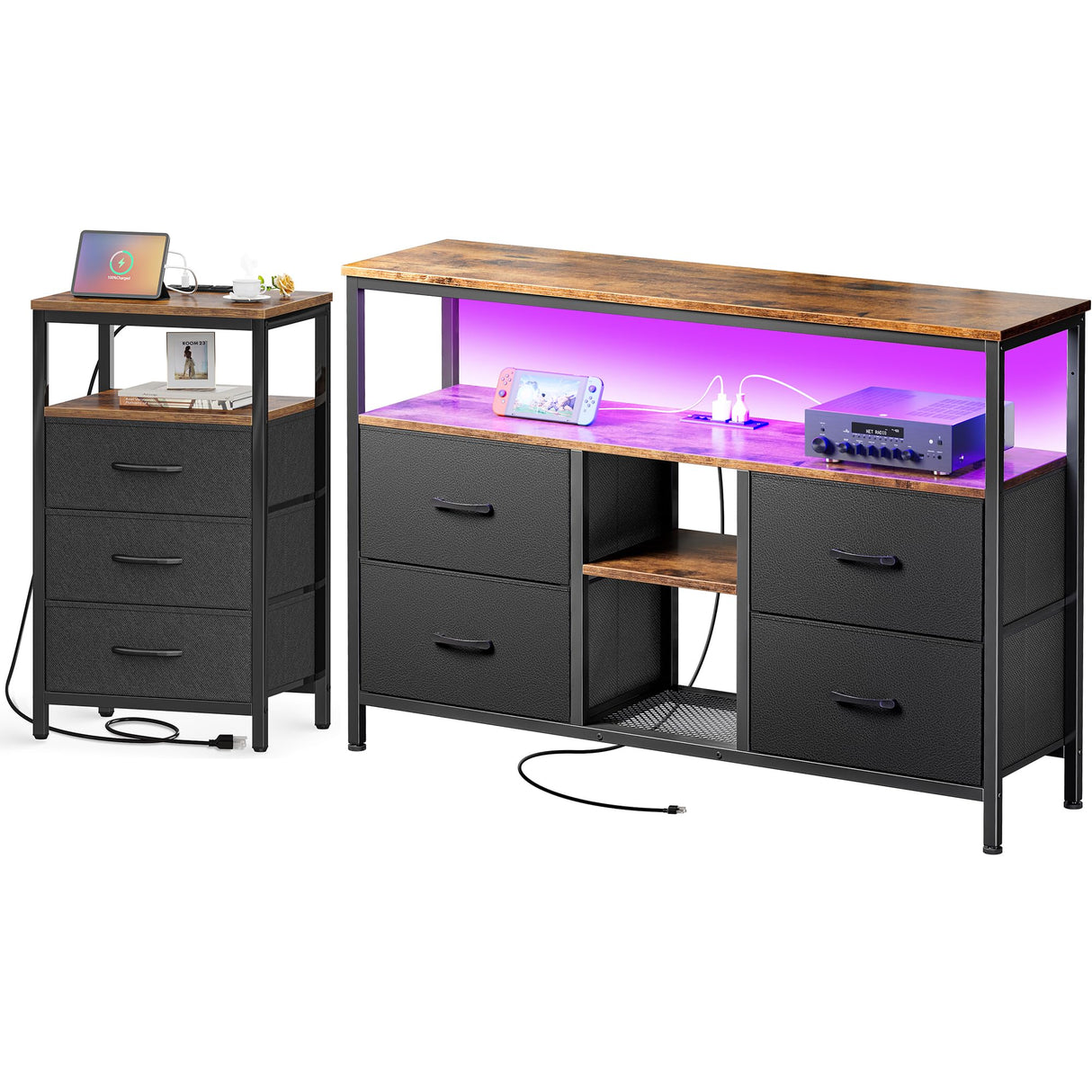 Huuger Nightstand with Charging Station, TV Stand Dresser