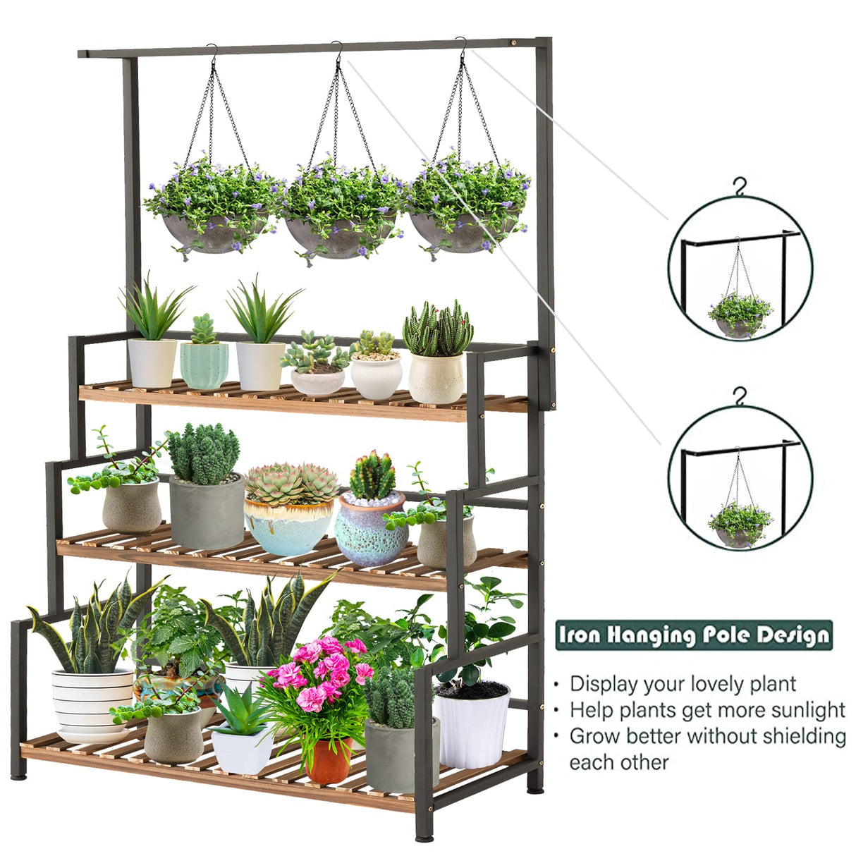 ULIKE Plant Stand Outdoor Indoor Hanging Plant Shelf for Multiple Plants 3 Tier Tall Plant Stand Wood Rack with Metal Frame for Patio Garden Balcony