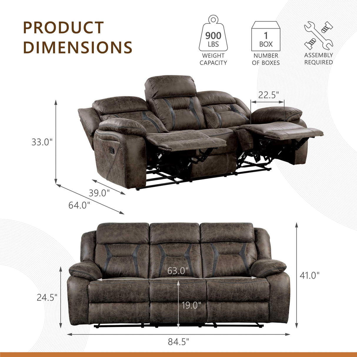 Homelegance Reclining Couch, Polished Microfiber Manual Double Recliner Sofa, Dark Brown
