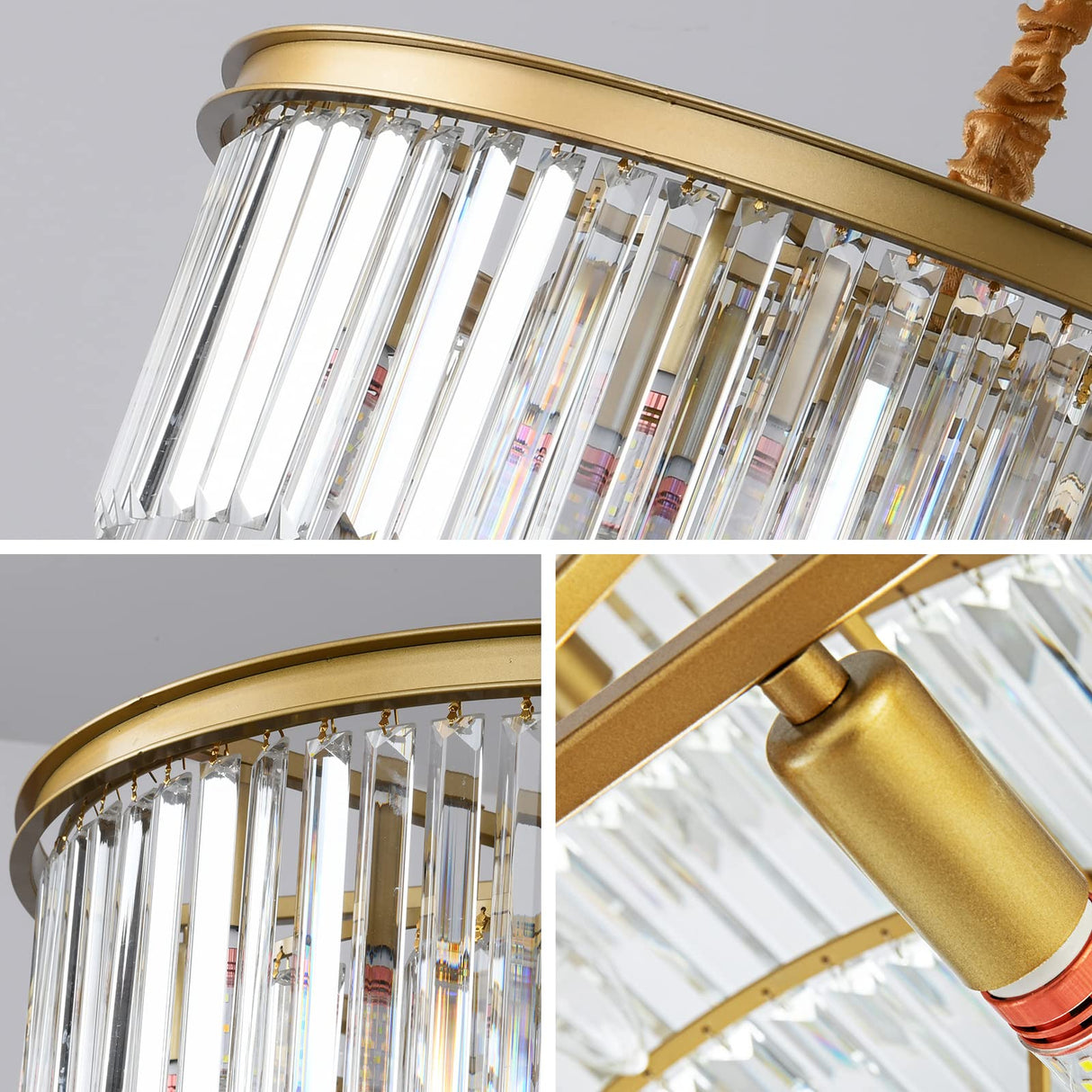 Gold Modern Crystal Chandelier, 2-Tier Round Flush Mount Ceiling