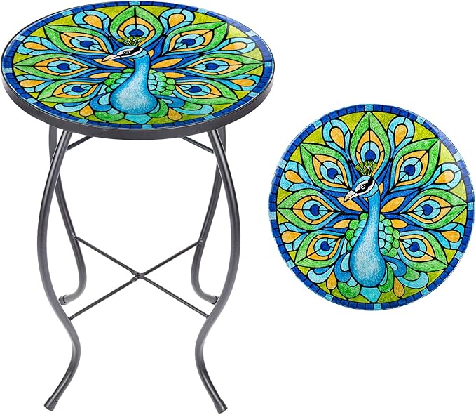Outdoor Side Table - Small Mosaic Patio Table, 14ā Round Accent End Coffee Table