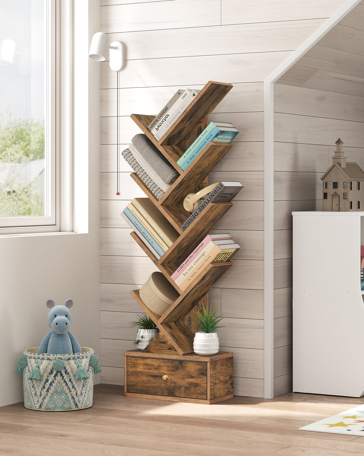 Yzosvki 9 Tier Tree Book Shelf with Drawer, Floor Standing Bookshelf Storage Organizer Bookshelves for Books/CDs, 9 Shelf Narrow Bookcase for Sturdy Room, Bedroom, Living Room, Rustic Brown
