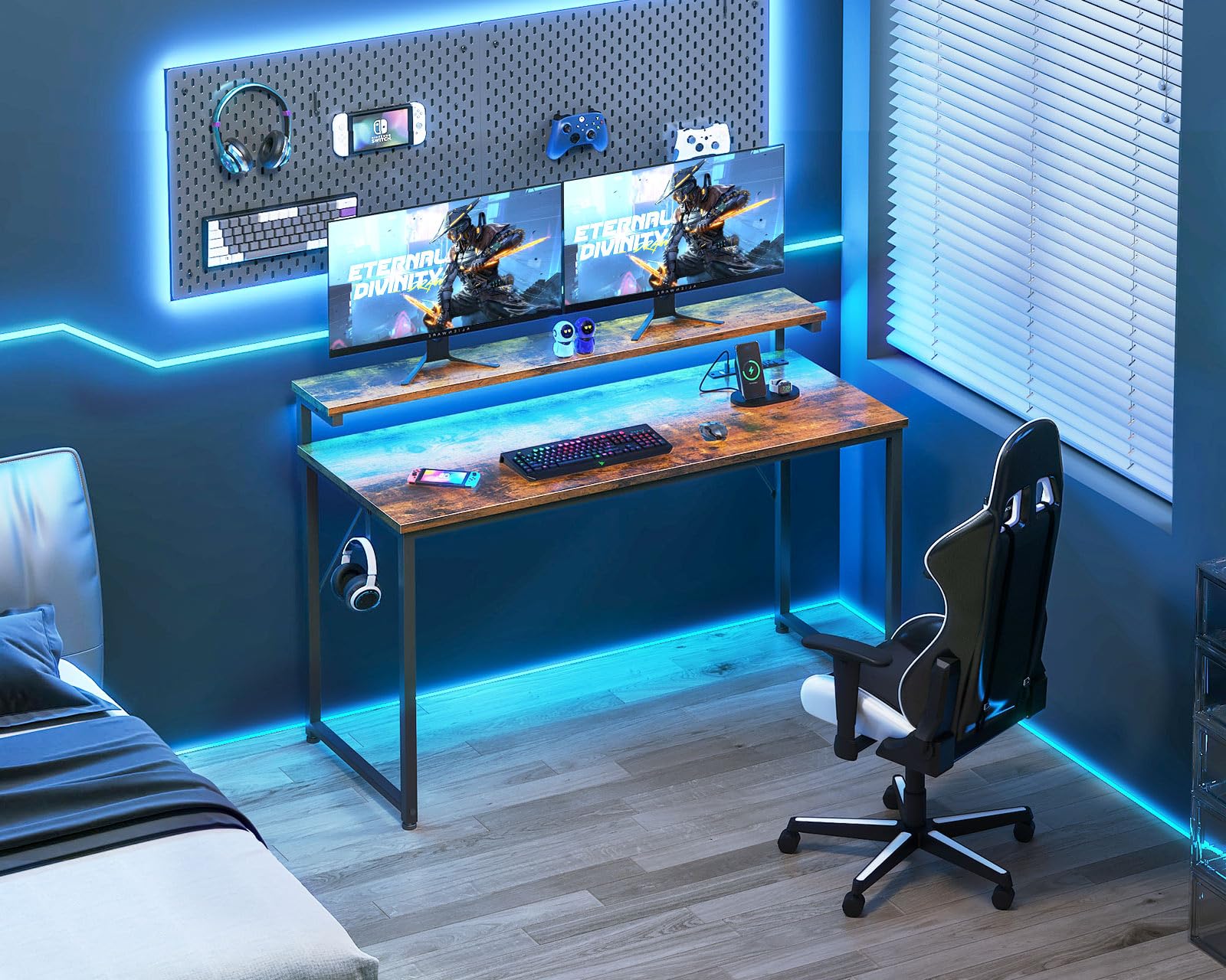 Computer Desk, 48 Inch Gaming Desk with LED Lights and Power Outlet, Office Desk with Adjustable Monitor Shelf (3 Heights), Computer Table Work Desk for Home/Bedroom, Rustic Brown