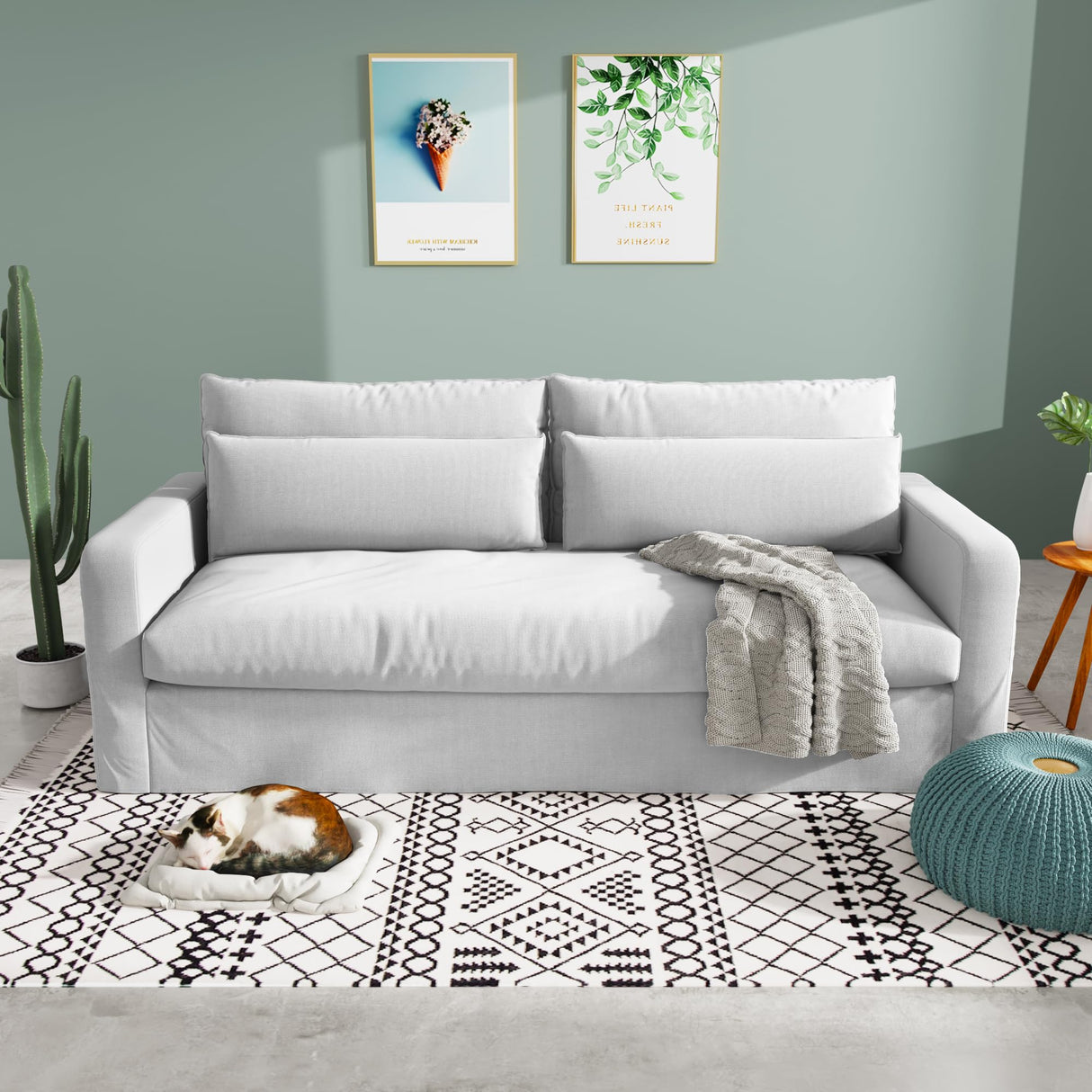 80 Inch Down Sofa Couches for Living Room Linen Fabric 3 Seater Couch