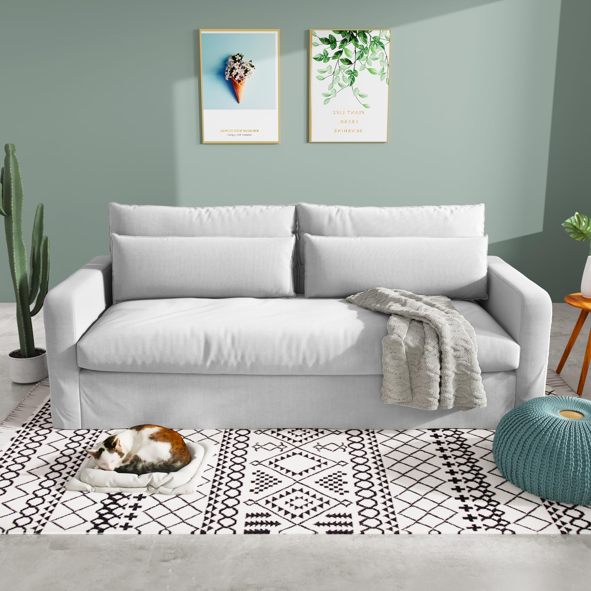 80 Inch Down Sofa Couches for Living Room Linen Fabric 3 Seater Couch