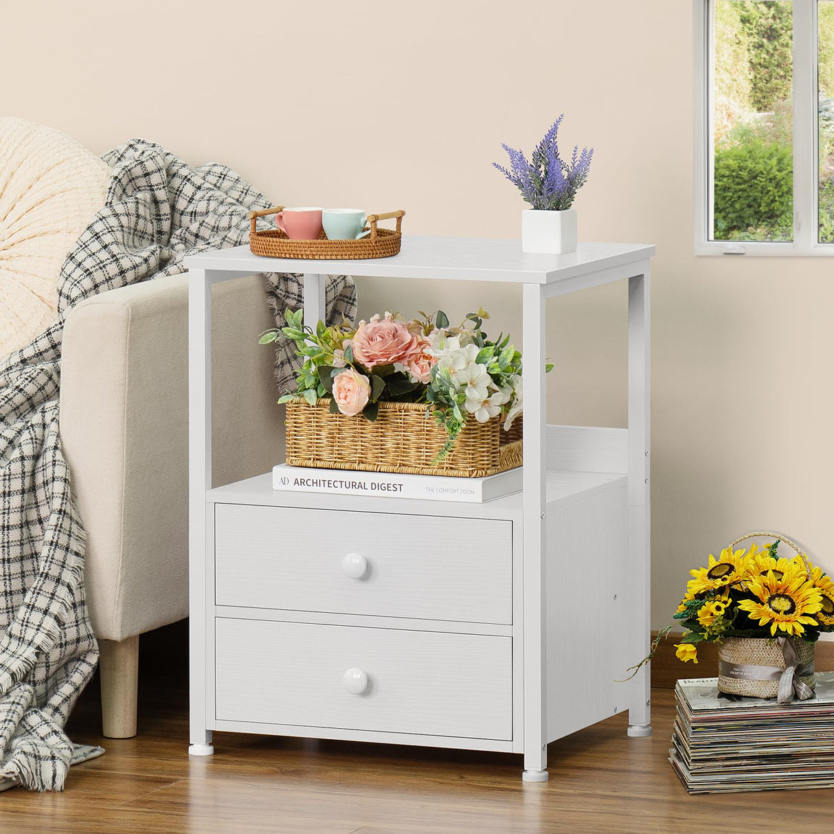 Nightstand, Industrial Bed Side Table with 2 Drawers Storage Open Shelf