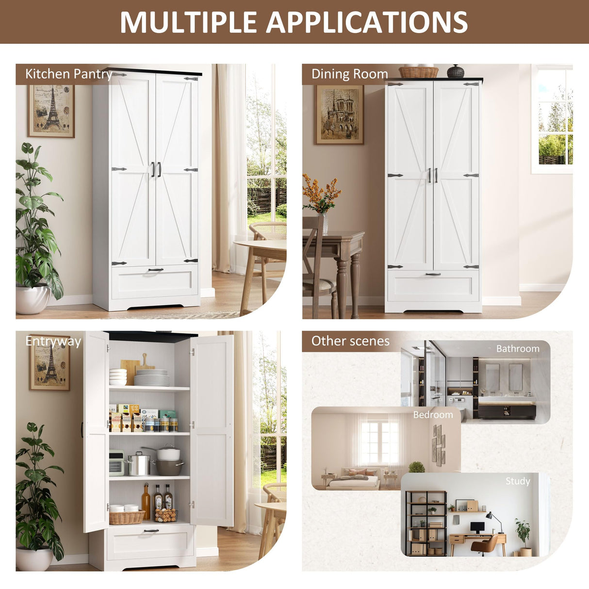 Kitchen Pantry Storage Cabinet with Barn Doors, Drawer and Adjustable Shelves, 4-Tier