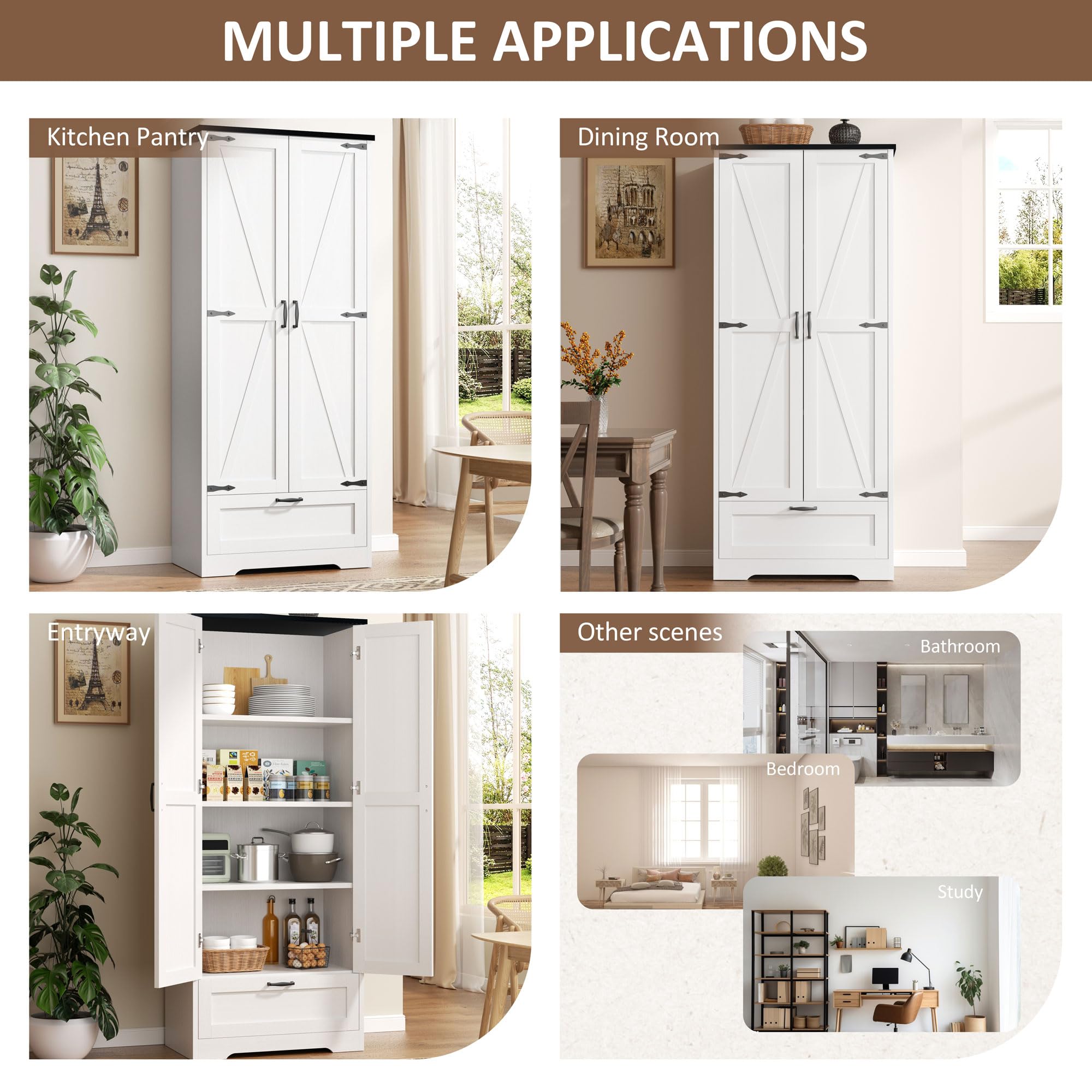 Kitchen Pantry Storage Cabinet with Barn Doors, Drawer and Adjustable Shelves, 4-Tier