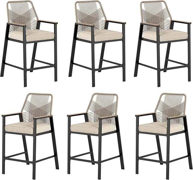 Outdoor Bar Stools Set of 2, 360° Wicker Swivel Bar Stool with Armrest,