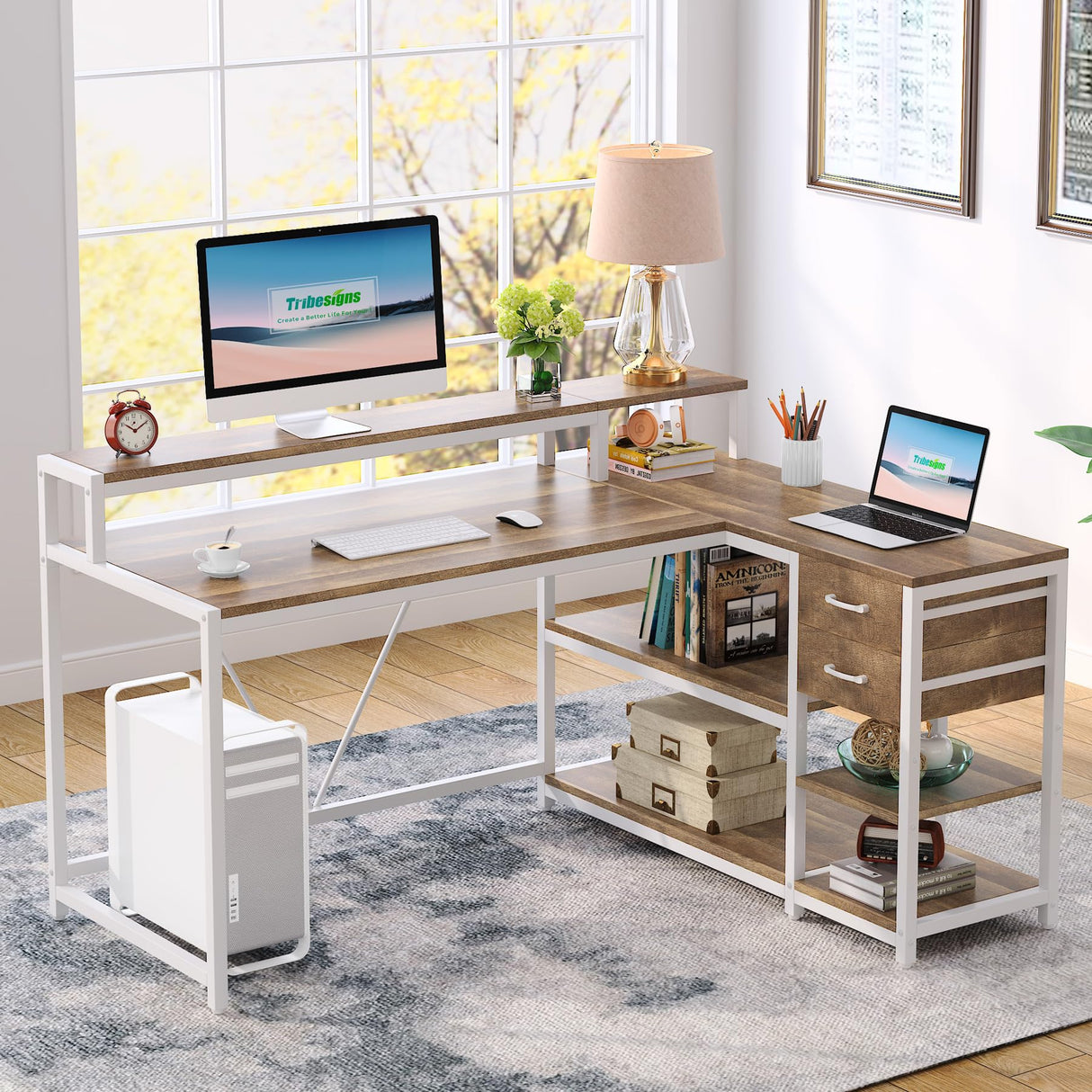 Reversible 55-inch L Shaped Desk with Drawer, Modern L Corner Desk Home Office