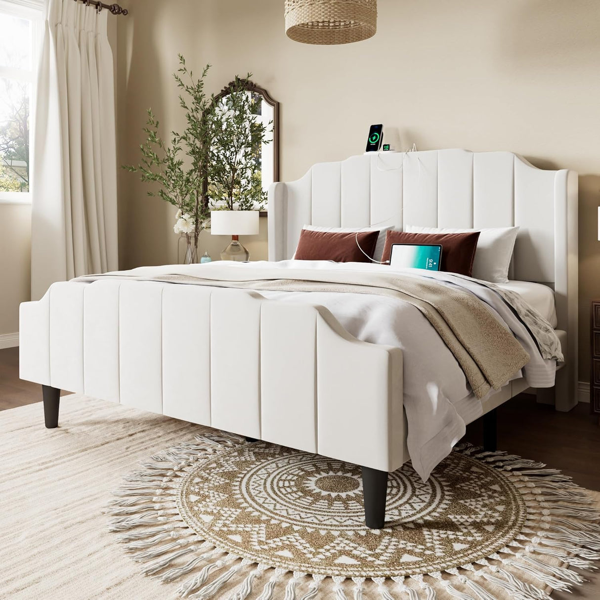 Vintage Full Size Velvet Platform Bed Frame with Tufted Wingback Headboard