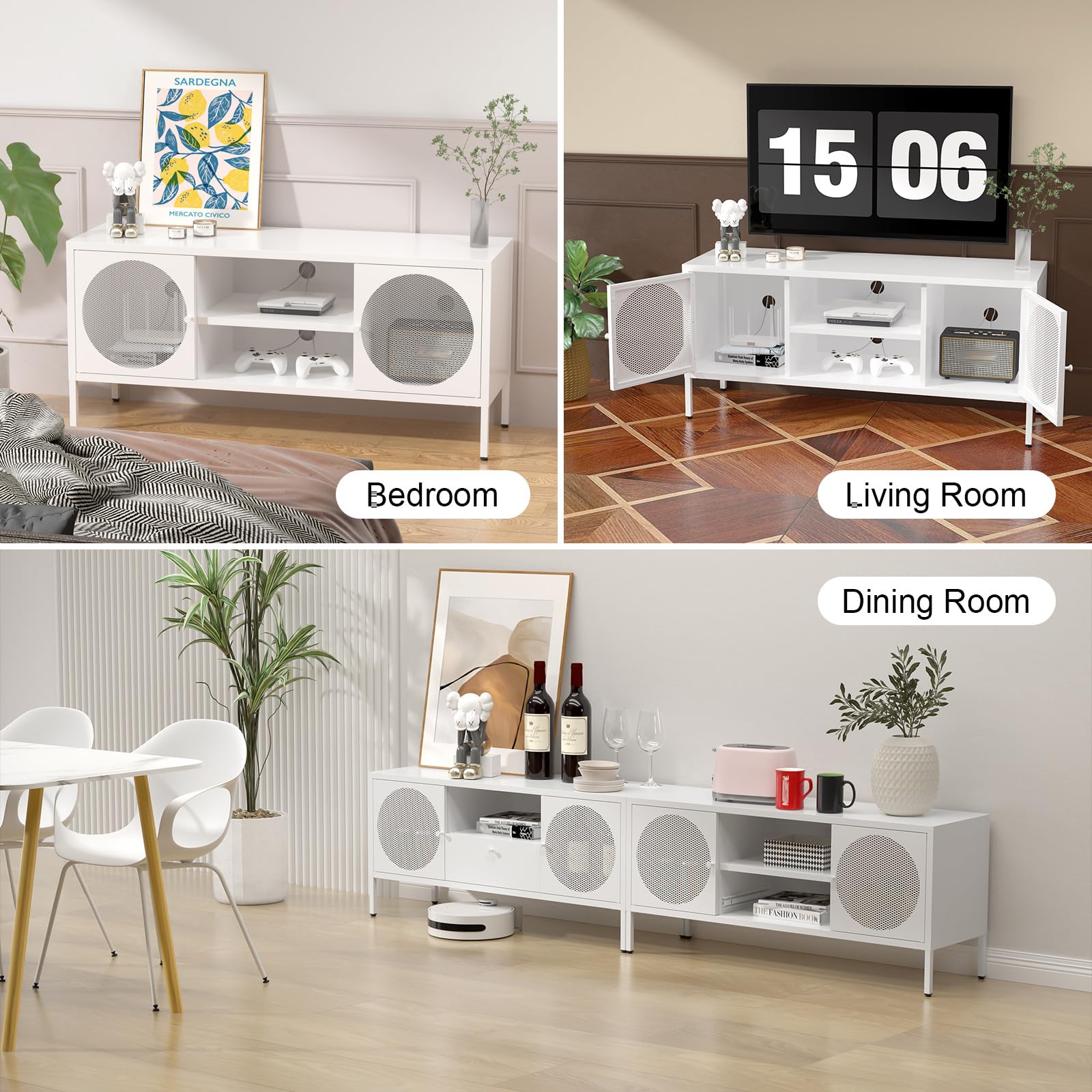 TIMELESS PIECES TV Stand, Metal Media TV Console with Drawer,Modern Entertainment Center with Storage Cabinets and Cable Hole,Tv Stands for Living Room, Bedroom