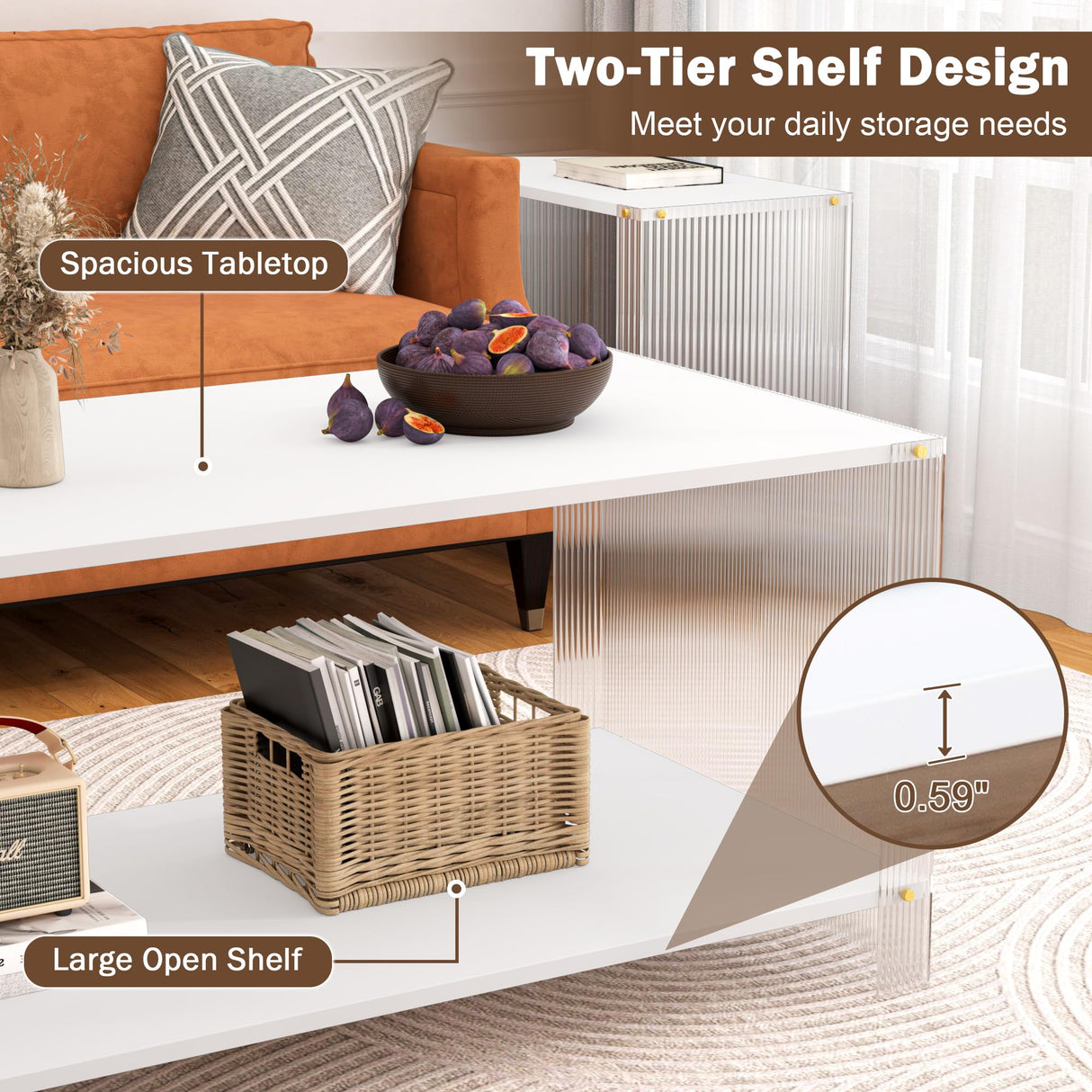 2-Tier White Coffee Table Modern, Small Wooden Coffee Table with Storage Shelf