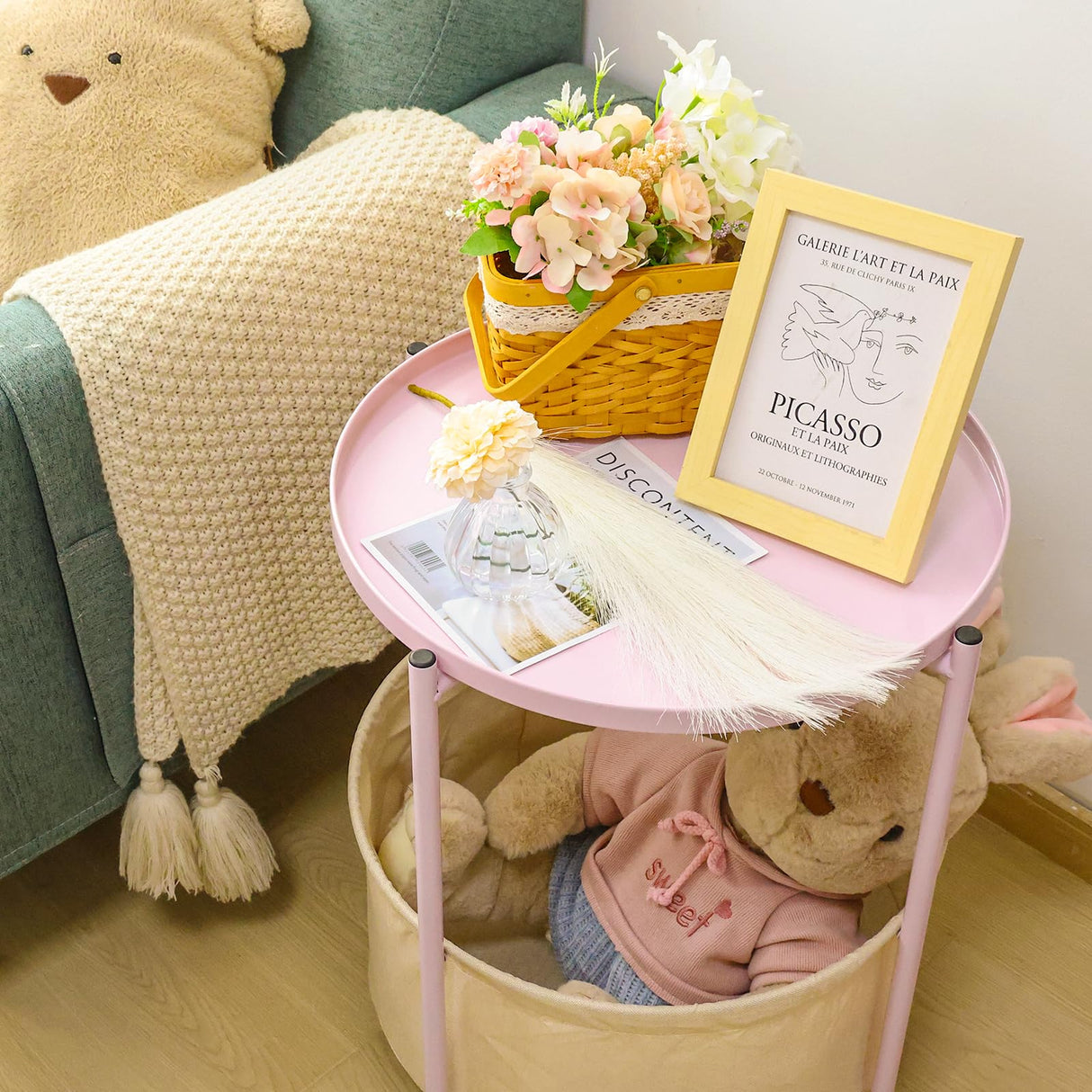 Round Side Table, Bedside Table, Pink Nightstand, Metal Side Table