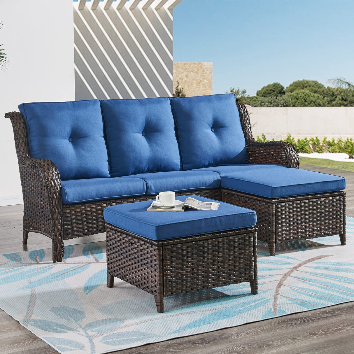 HUMMUH Outdoor Ottomans for Patio Set of 2 PE Wicker Steel Frame Outdoor Footstool for Patio, Backyard, Additional Seating, Side Tables with Removable Weather-Resistant Cushions