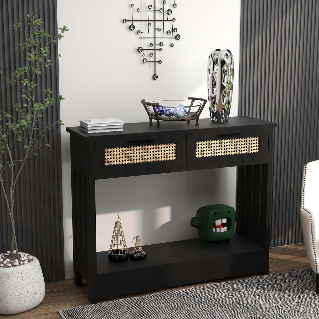 Rattan Console Table, 2-Tier Entryway Table with Drawers and Storage 68lbs
