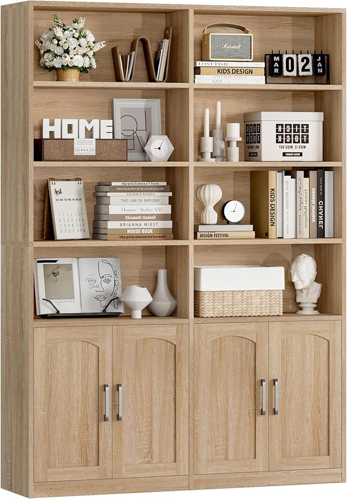 Bookshelf and Bookcase with Doors, 6 Tier Double Wide Large Bookshelves, Open Display Shelves, 73'' Tall Bookshelf with Storage Cabinets for Home Office, Living Room, Library, Black