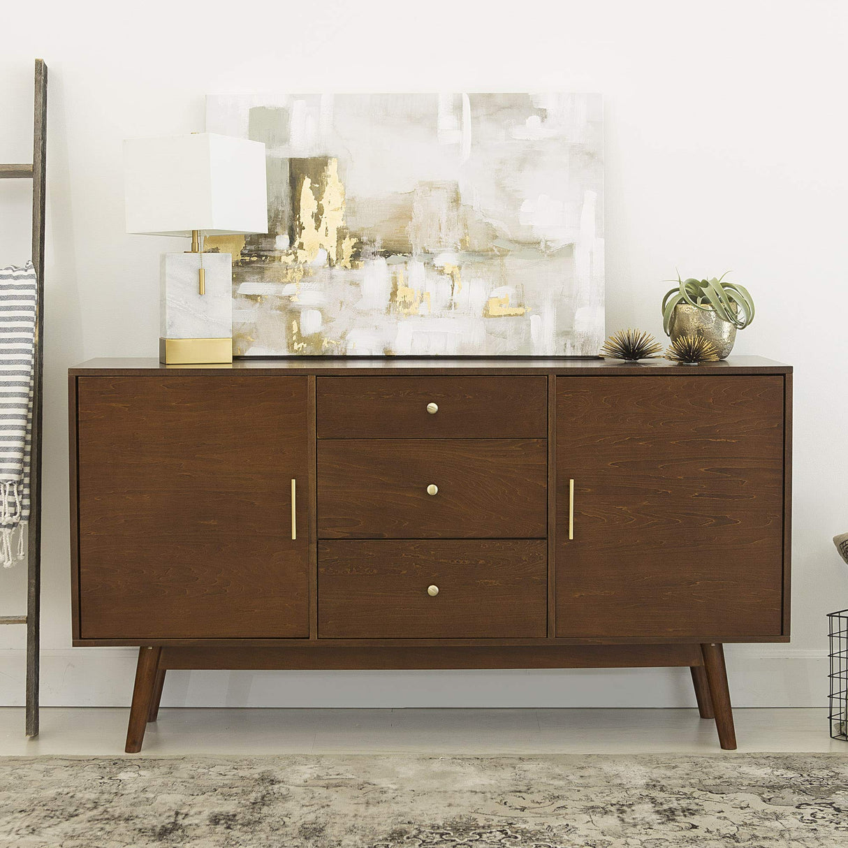 Mid Century Modern-TV Stand Console with 3 Drawers and Closed Cabinet Storage
