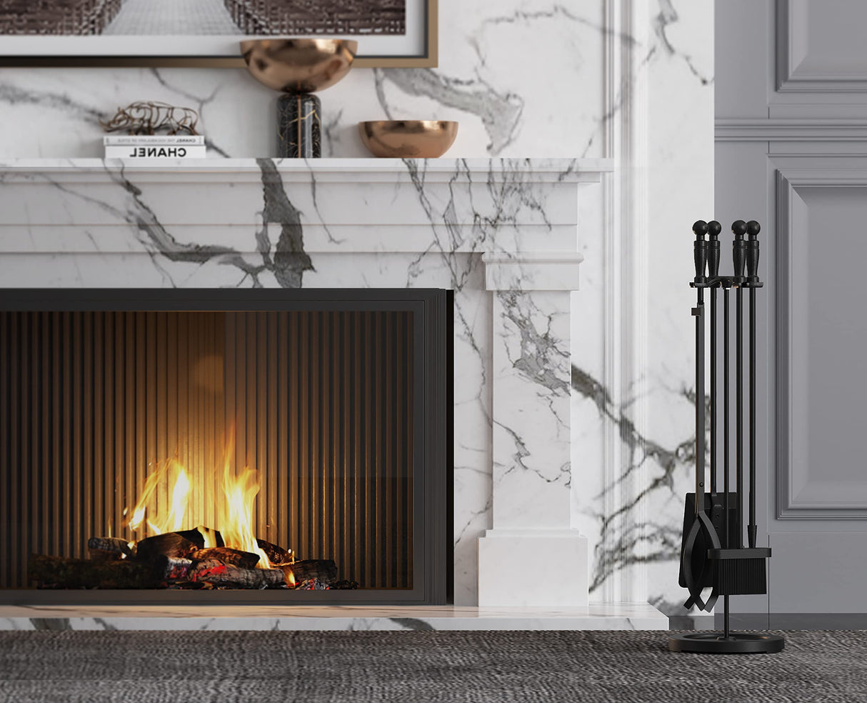 Fireplace Tools Set 5 Pieces Wrought Iron Fire Place Pit Poker Holder 31" H (Black)