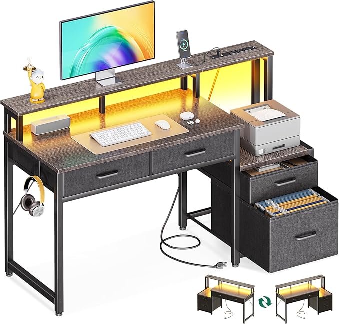 48-Inch Computer Desk with Fabric File Cabinet and Fabric Drawers, Reversible Office Desk