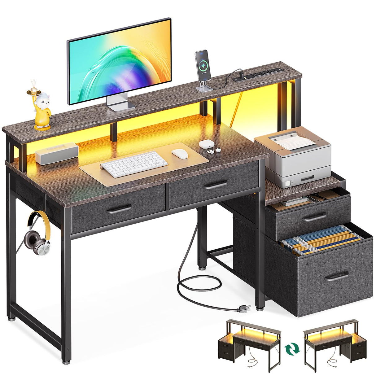 48-Inch Computer Desk with Fabric File Cabinet and Fabric Drawers, Reversible Office Desk