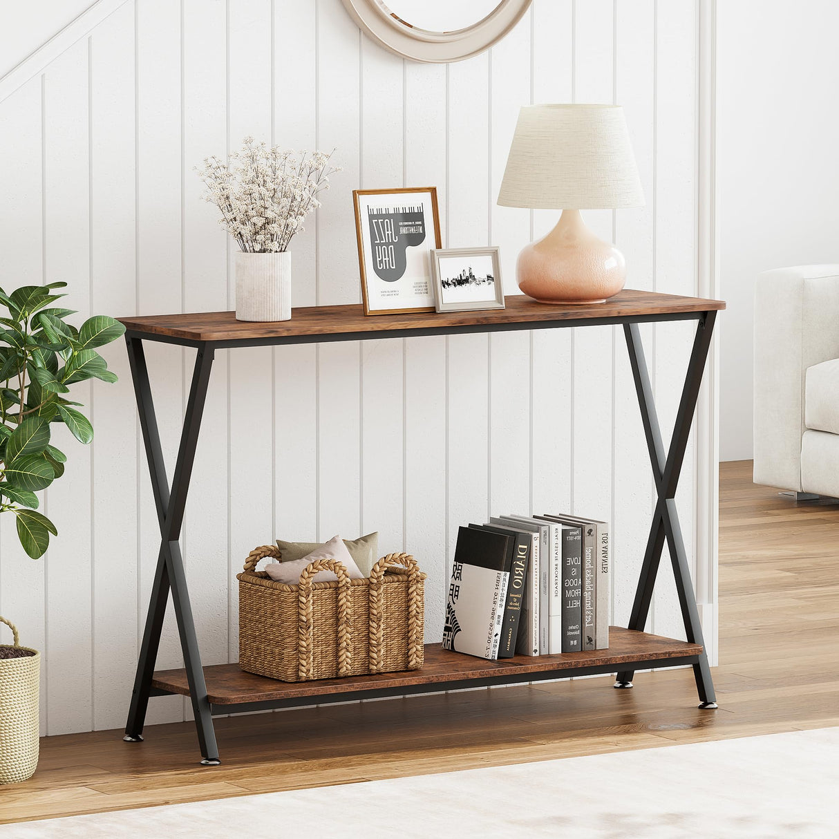 Small Entryway Table, Narrow Hallway Table, 2-Tier Industrial Display Table