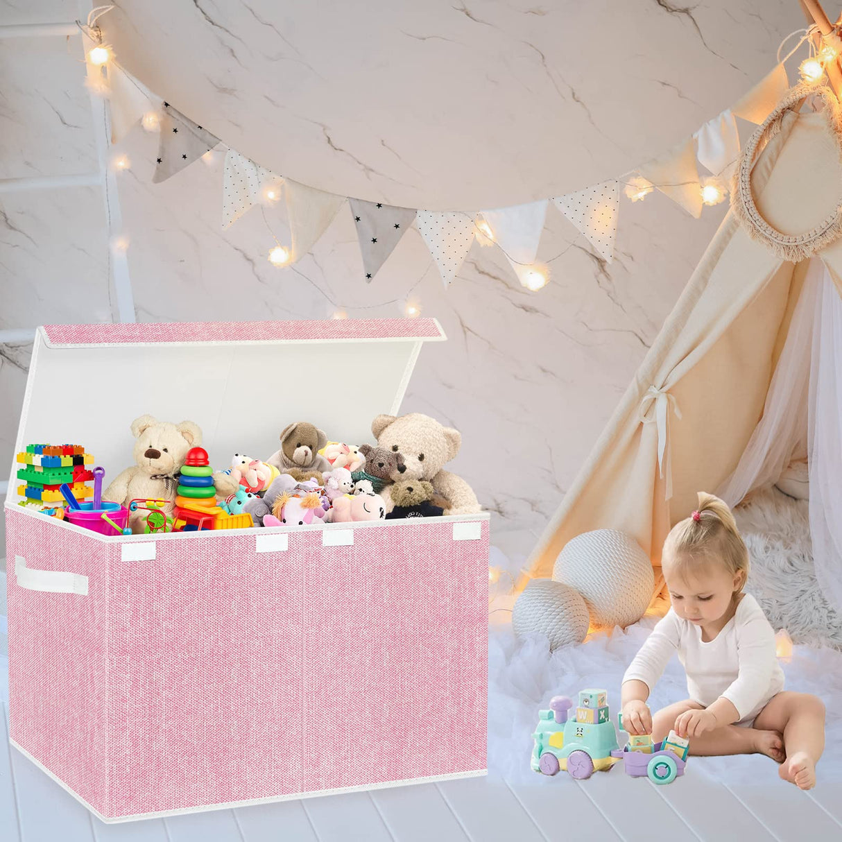 Large Toy Box Chest for Girls, Kids Toy Bin Storage Organizer with Lid for Babies,Toddlers