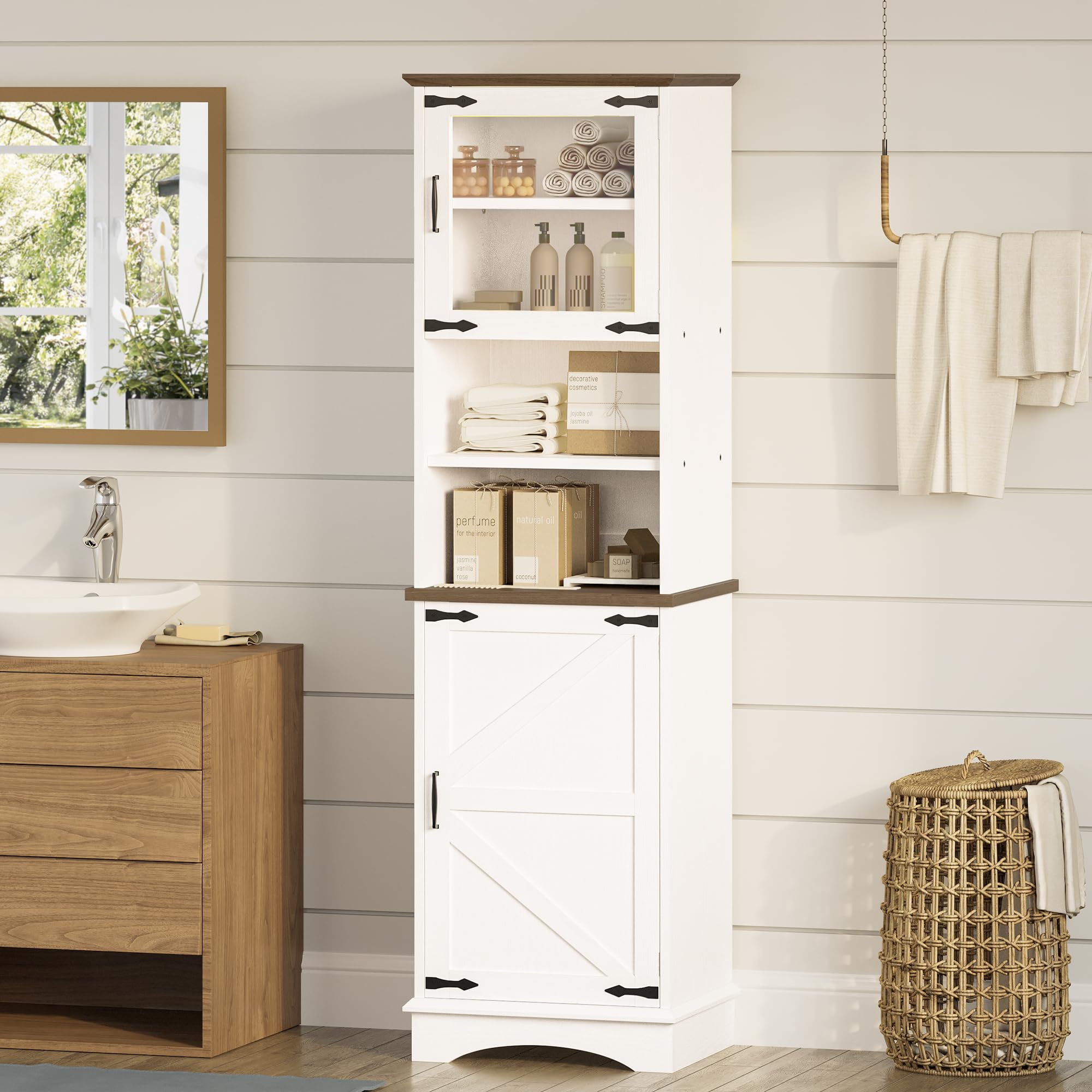 Tall Bathroom Cabinet, Farmhouse Storage Cabinet with LED Lights and Adjustable Shelves