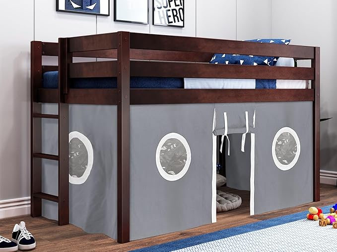 Contemporary Low Loft Twin Bed with a 3 Drawer Stairway, Gray with Blue & White Tent