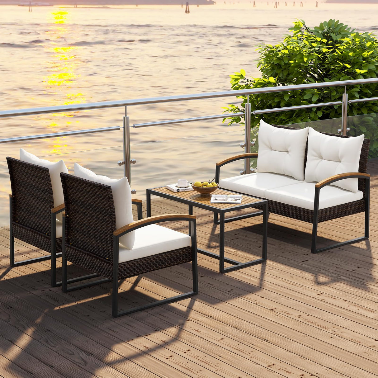 Tangkula 4 Piece Patio Conversation Set, with Heavy Duty Solid Acacia Wood Armrests