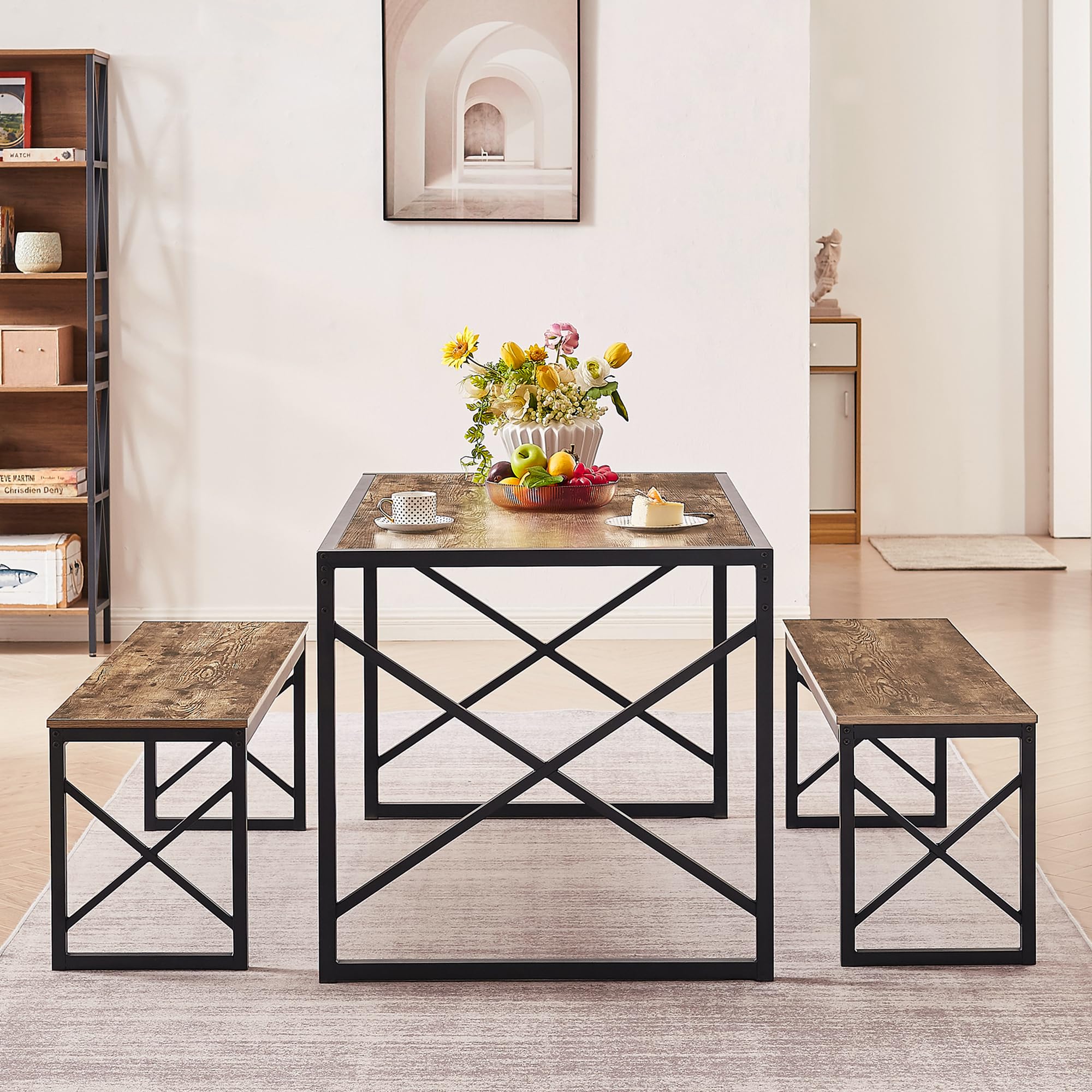 Kitchen Table with 2 Benches for 6,Wood Dining Room Dinette Sets with Metal Frame