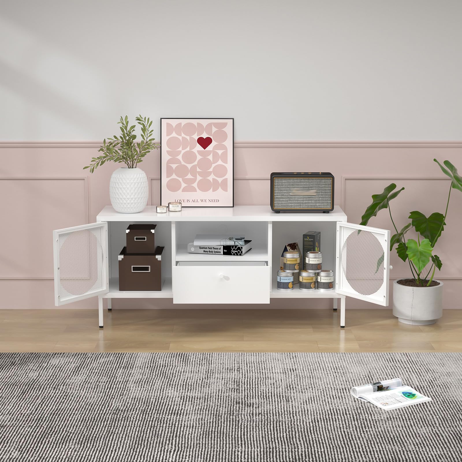 TIMELESS PIECES TV Stand, Metal Media TV Console with Drawer,Modern Entertainment Center with Storage Cabinets and Cable Hole,Tv Stands for Living Room, Bedroom