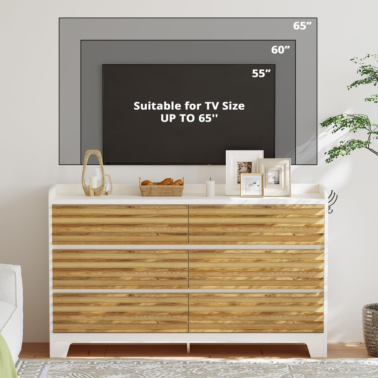 6 Drawer Dresser for Bedroom with 3 Hook, 59" Wide Wood Dresser Chests of Drawers