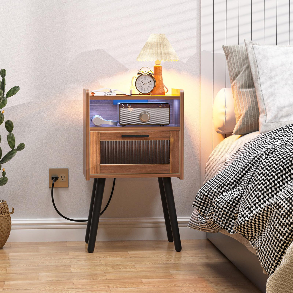 Set of 2 Mid Century Nightstand with Charging Station, Mid Century LED Light Modern End Table