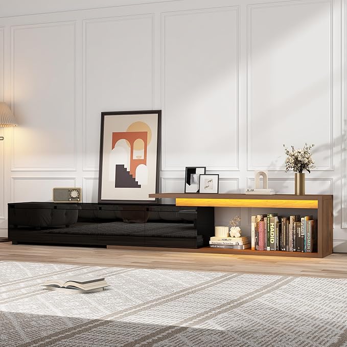 Extendable TV Stand with LED Light, Modern Entertainment Center for up to 120 Inch TV