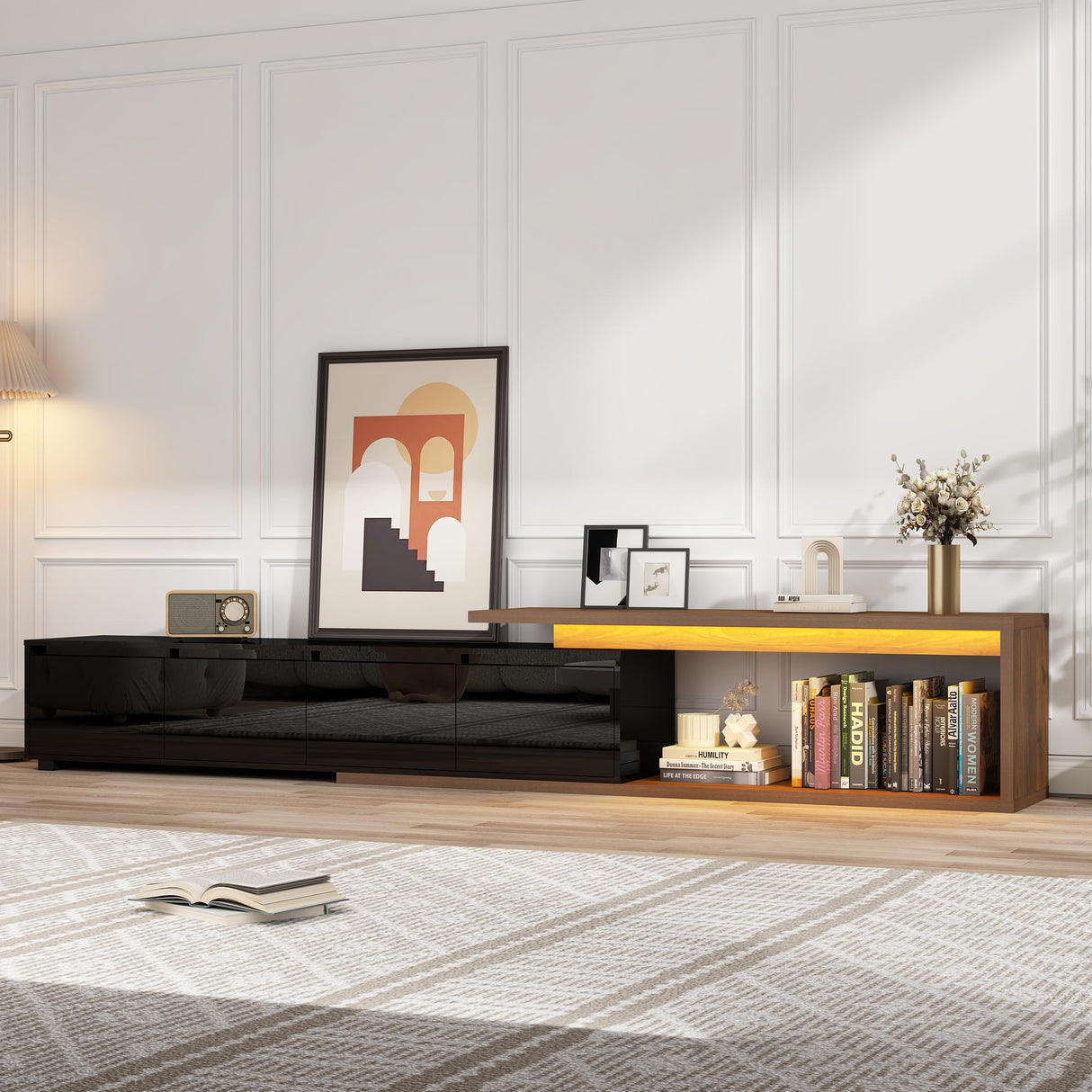 Extendable TV Stand with LED Light, Modern Entertainment Center for up to 120 Inch TV