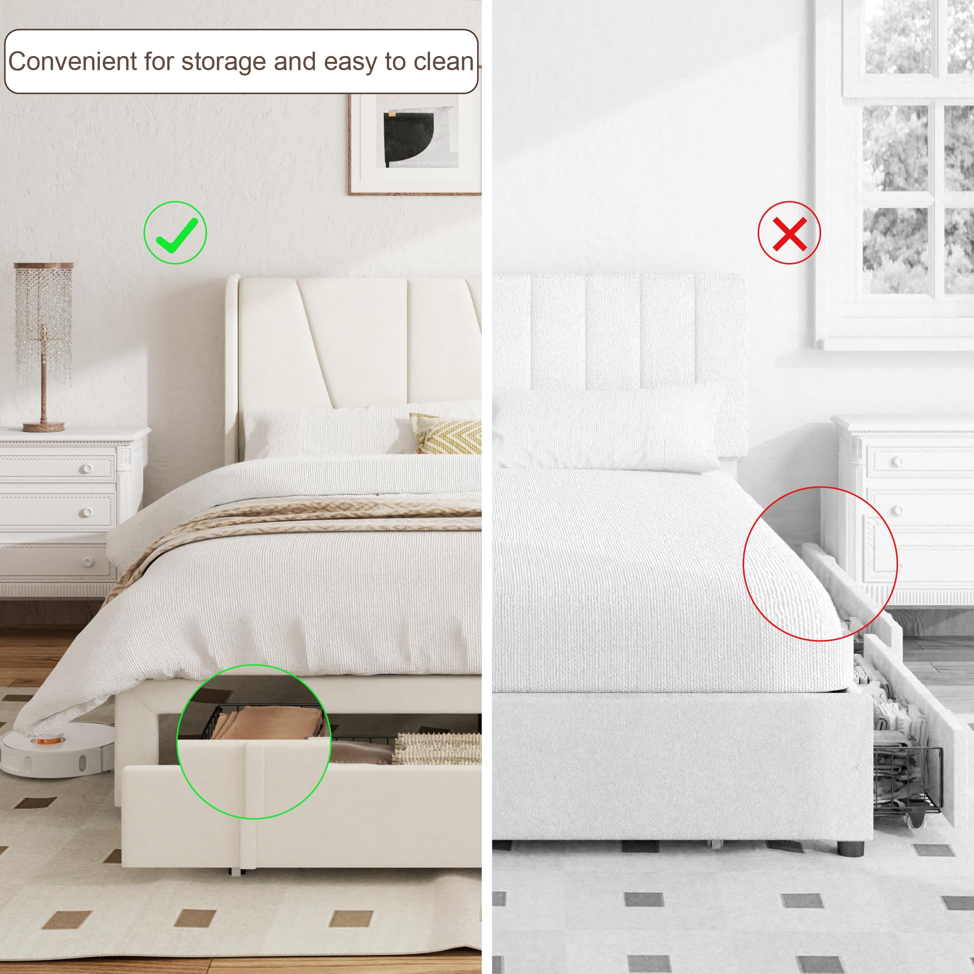 SwnftWinnt Full Bed Frame with Storage Drawers, Upholstered Platform Bed with Wingback Headboard, Solid Wooden Slats Support, Easy Assembly, No Box Spring Needed, Beige