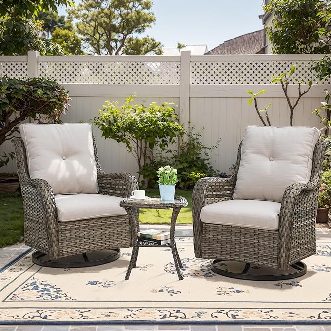 3 PCS Patio Furniture Set - Mixed Grey Wicker Swivel Rocking Chair Set with Side Table