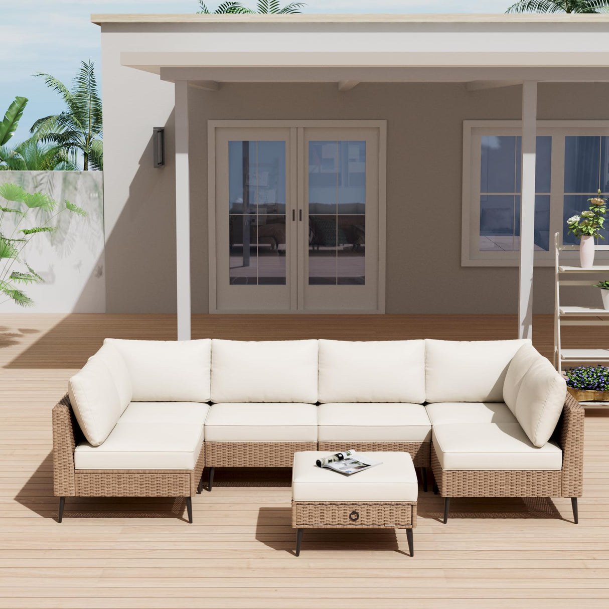 7 Pieces Outdoor Patio Furniture Set, Wicker Sectional Sofa Set for All-Weather