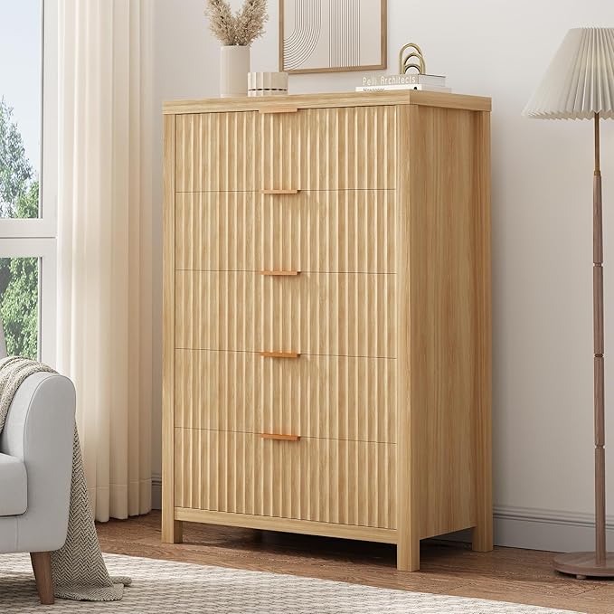 Fluted 6 Drawer Dresser with Power Outlet and LED Lights,Modern Chest of Drawers