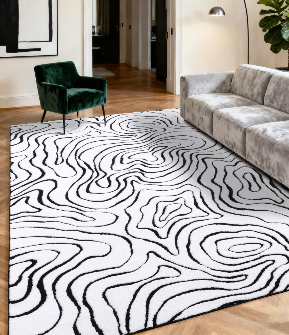 Modern Washable Area Rug 6x9 - Black & White Geometric Pattern