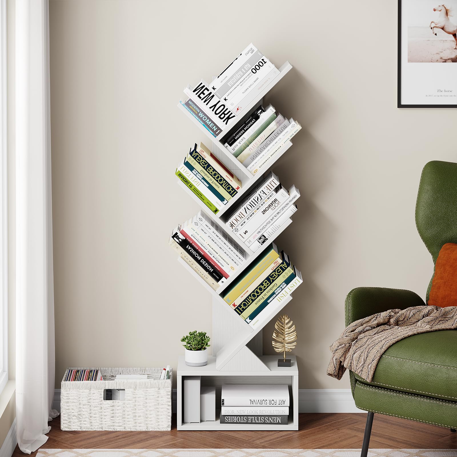 Vagusicc 6 Tier Tree Bookshelf, Modern Floor Standing Bookcase with Storage Drawer, Tall Wood Book Storage Rack for CDs/Books, Utility Book Organizer Shelves for Bedroom/Living Room/Home Office/Corner