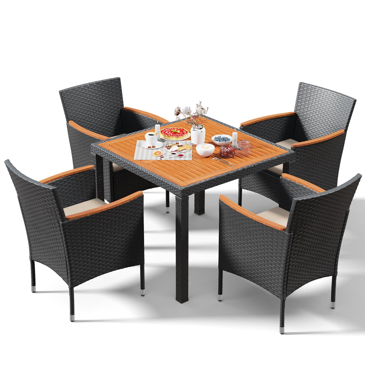 5 PCS Furniture, Patio Conversation Set with Acacia Wood Top