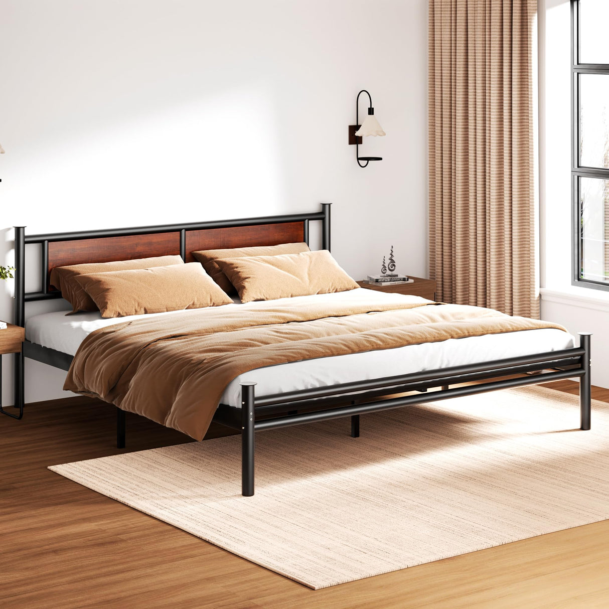 King Size Bed Frame with Wooden Headboard, Heavy Duty Platform Bed