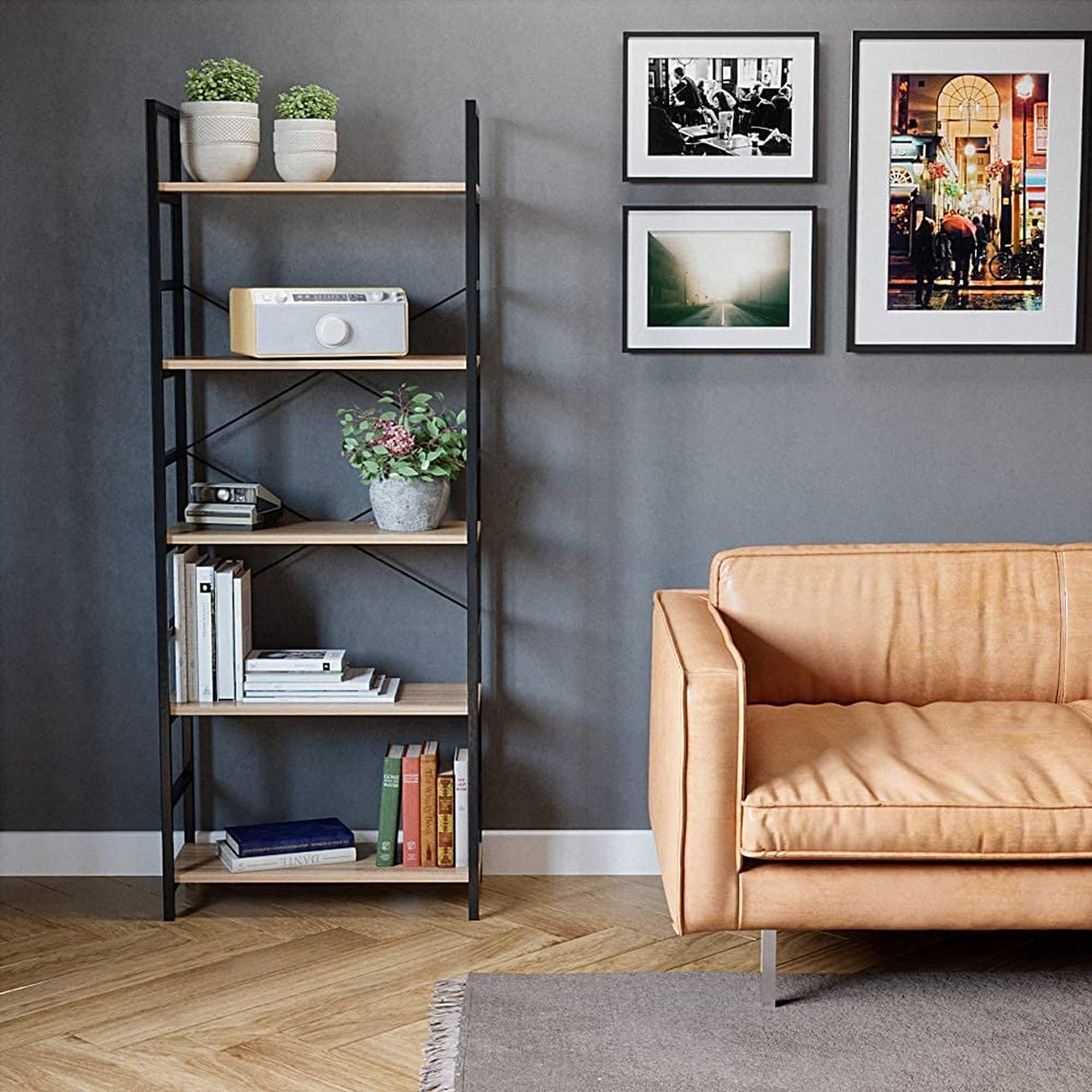 5 Tier 26 Inches Adjustable Multifunctional Standing Display Rack Storage Shelf Organizer for Home, Office, and Kitchen, Oak and Black Frame